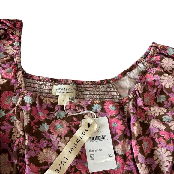 NWT Saltwater LUXE Floral Boho Mini Dress Size L Smocked Back Pockets Lined - Picture 6 of 15